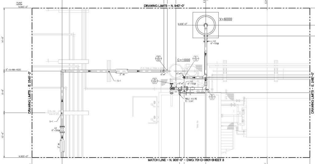 Detailed mechanical and process engineering drawing of a frac tower return-to-service scope, showcasing Halker’s expertise in equipment evaluation, piping design, and safe reintegration of critical oil and gas production systems.