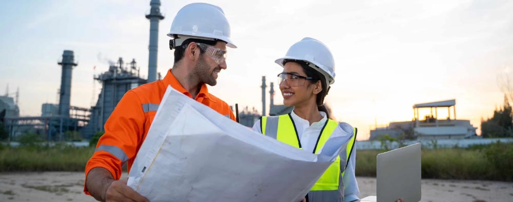 Engineers reviewing construction plans at an industrial facility, showcasing Halker’s collaborative project approach and expertise in engineering design, field coordination, and energy infrastructure development.