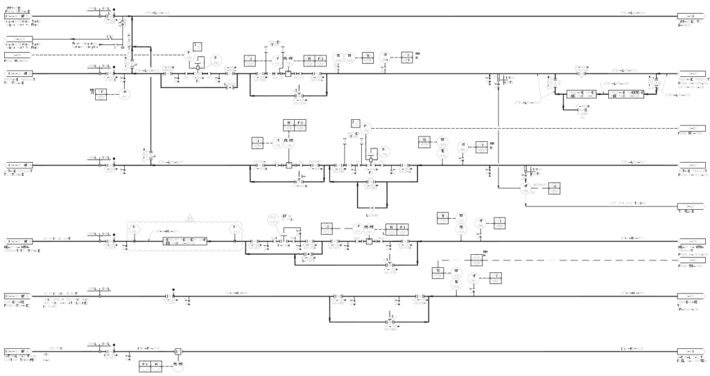 Process flow diagram illustrating a mercury removal system with interconnected piping, vessels, and control instrumentation, emphasizing Halker’s process engineering capabilities in contaminant mitigation, system optimization, and compliant facility design.