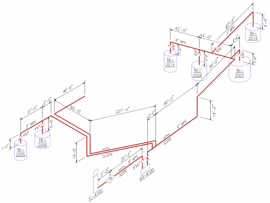 2D piping model with highlighted red lines showing emission pathways between storage tanks, illustrating Halker’s expertise in conducting detailed fugitive emissions studies for regulatory compliance and operational risk reduction.
