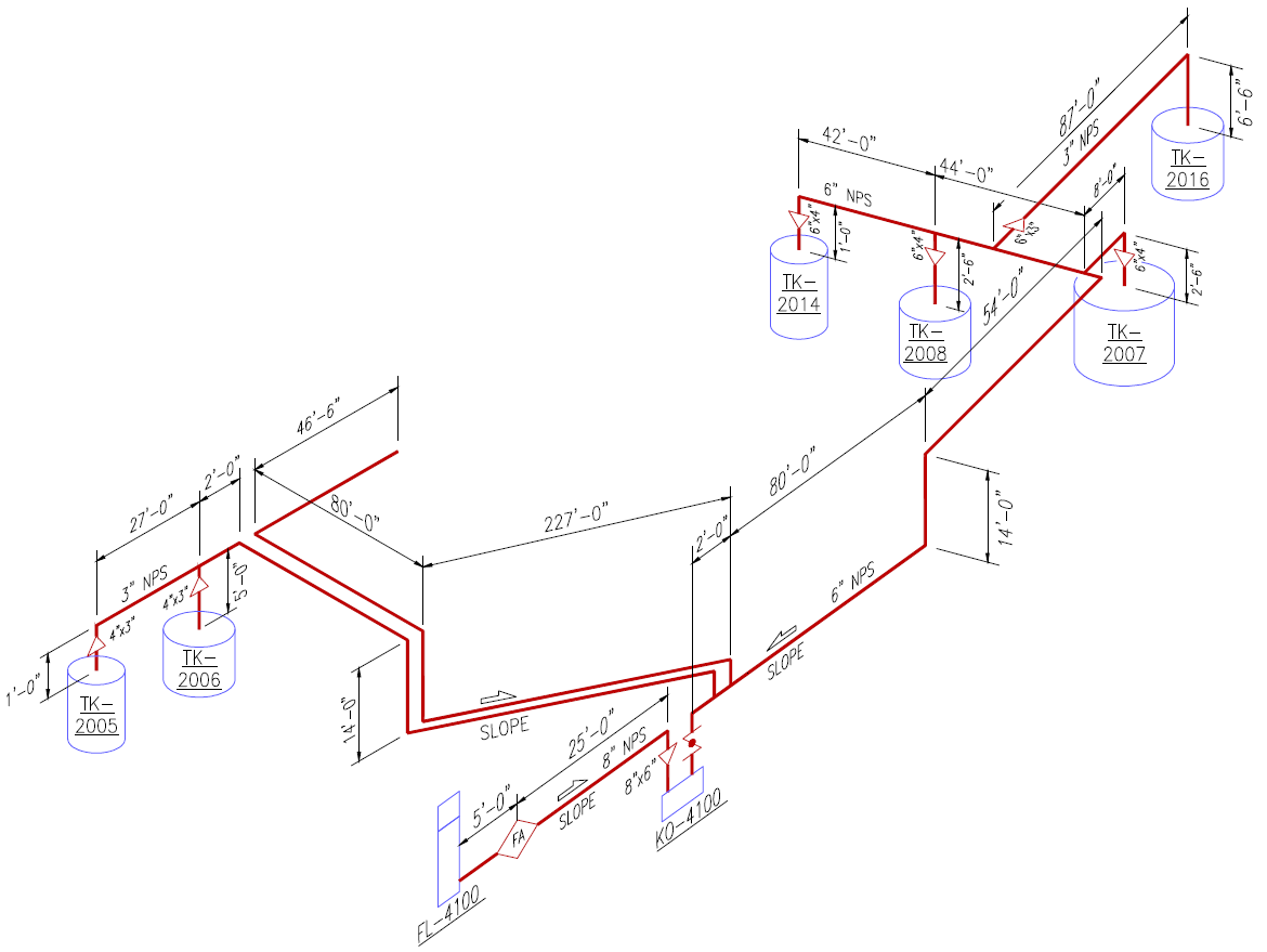 2D piping model with highlighted red lines showing emission pathways between storage tanks, illustrating Halker’s expertise in conducting detailed fugitive emissions studies for regulatory compliance and operational risk reduction.