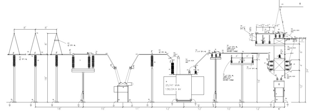 Detailed single-line electrical diagram of a 138kV to 25kV, 50MVA substation layout showing transformers, breakers, and high-voltage equipment, highlighting Halker’s power engineering expertise in substation design, grid reliability, and high-voltage system integration.