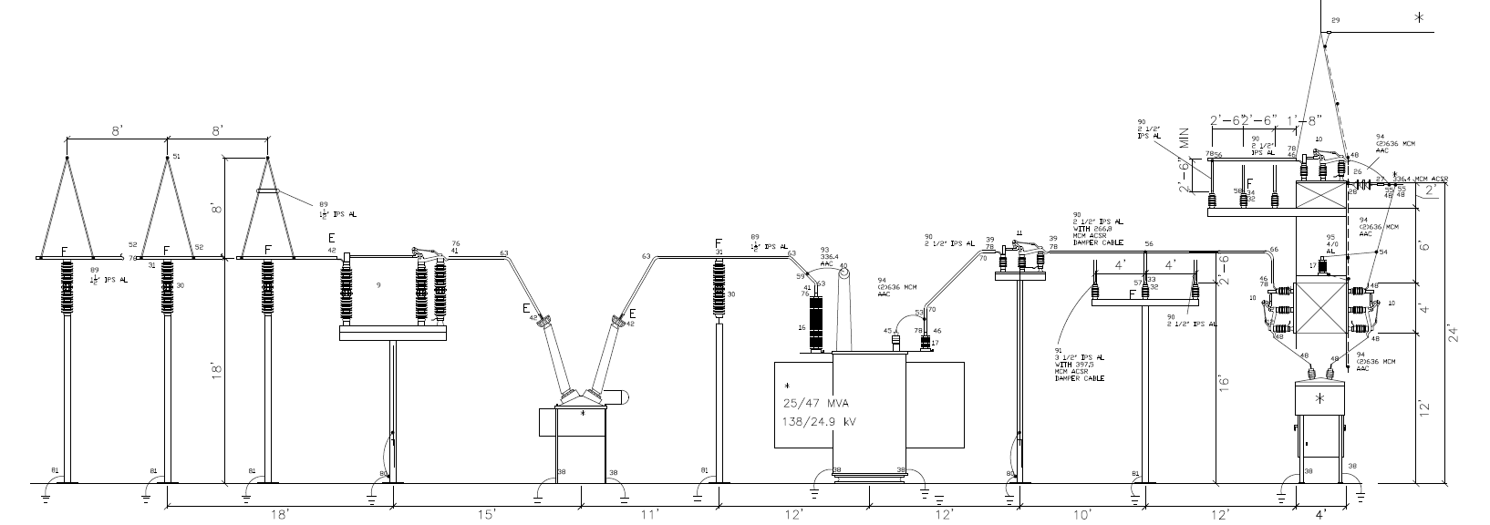 Detailed single-line electrical diagram of a 138kV to 25kV, 50MVA substation layout showing transformers, breakers, and high-voltage equipment, highlighting Halker’s power engineering expertise in substation design, grid reliability, and high-voltage system integration.