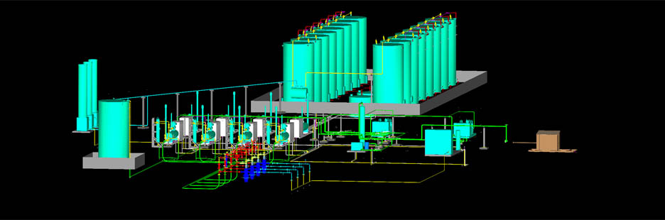 3D model of a multi-tank oil and gas gathering facility with detailed piping networks and equipment layouts, showcasing Halker’s expertise in pipeline hydraulics, gathering system design, and comprehensive pipeflow modeling for optimized production performance.
