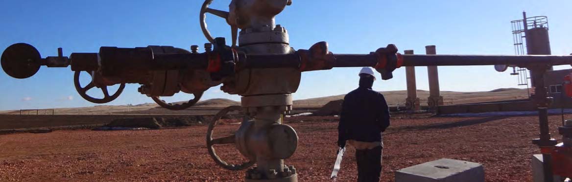 Oilfield wellhead assembly with valves and piping in the foreground and a field technician conducting site evaluation in the background, highlighting Halker’s expertise in full-field development planning, production optimization, and comprehensive upstream facility engineering.