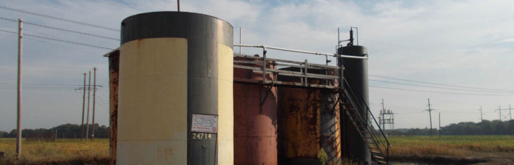 Aging above-ground storage tanks with visible corrosion, access platforms, and identification signage, illustrating Halker’s regulatory and environmental site review expertise in assessing legacy oil and gas infrastructure for compliance, safety risks, and remediation needs.