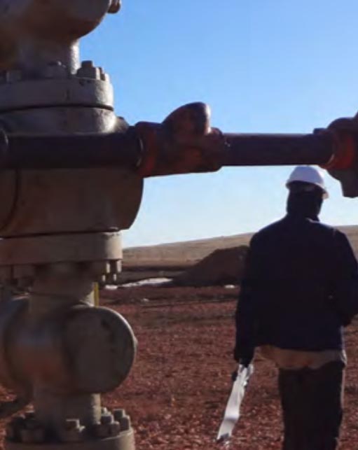 Field technician inspecting a wellhead assembly at an oil and gas site, demonstrating Halker's commitment to safe operations, equipment reliability, and on-site production support in remote field environments.