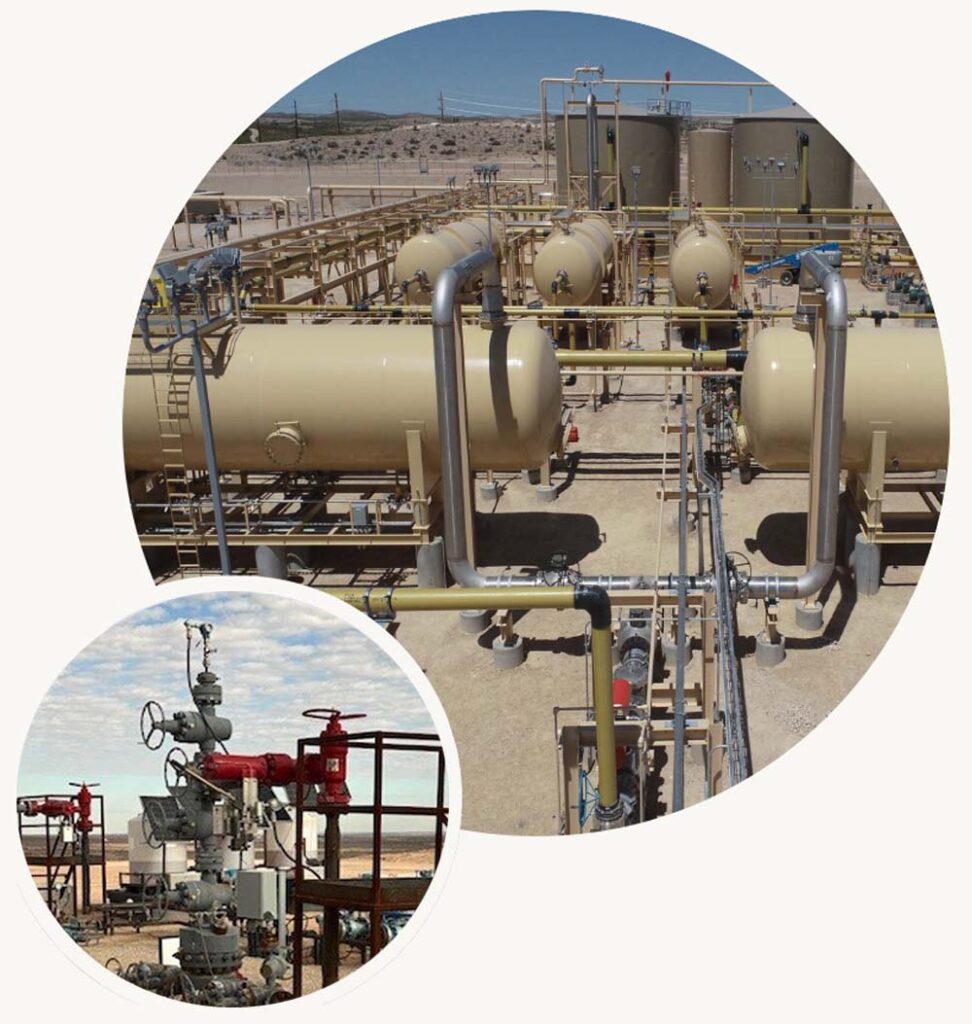 Large Circle-Upstream oil and gas facility with horizontal separators, storage tanks, and interconnected piping systems, illustrating Halker's expertise in production facility design, well pad optimization, and efficient separation and treating solutions. Small circle-Upstream oil and gas wellheads with production trees, valves, and flowline connections on a well pad, highlighting Halker's expertise in wellsite facility engineering, production equipment design, and safe field operations support.
