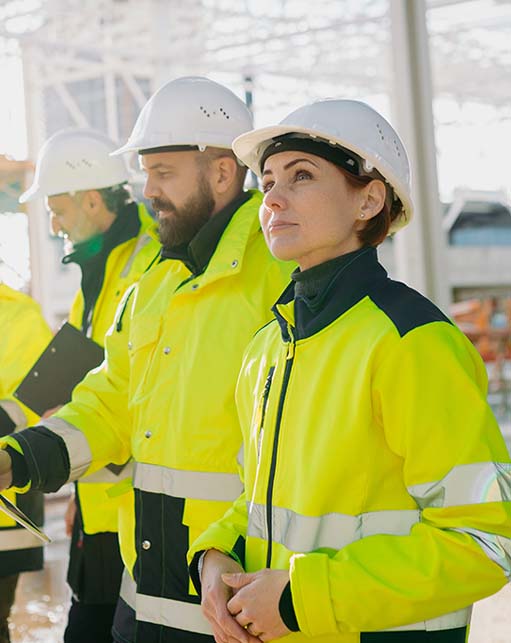 Team of field engineers in high-visibility safety gear and hard hats conducting an on-site inspection, representing Halker’s commitment to safety, quality assurance, and collaborative engineering oversight.