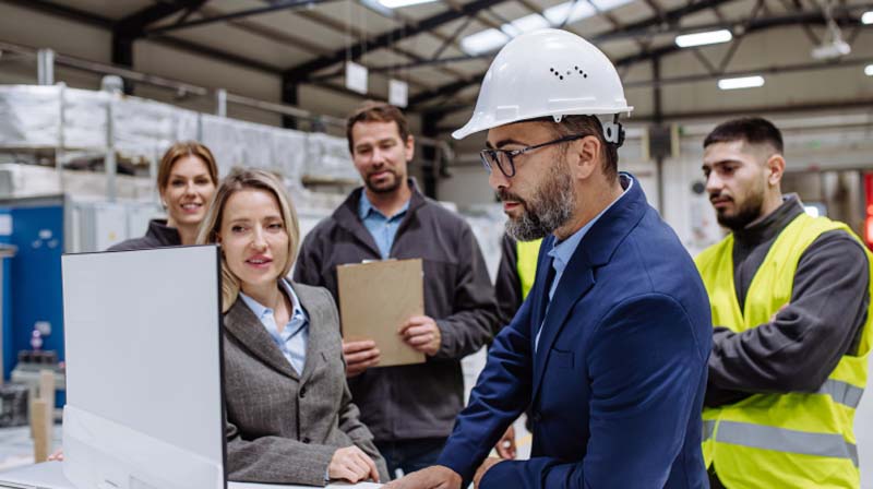 Engineering and project management team collaborating around a workstation, showcasing Halker’s expertise in multidisciplinary coordination, leadership, and quality-focused execution for industrial and energy-sector projects.