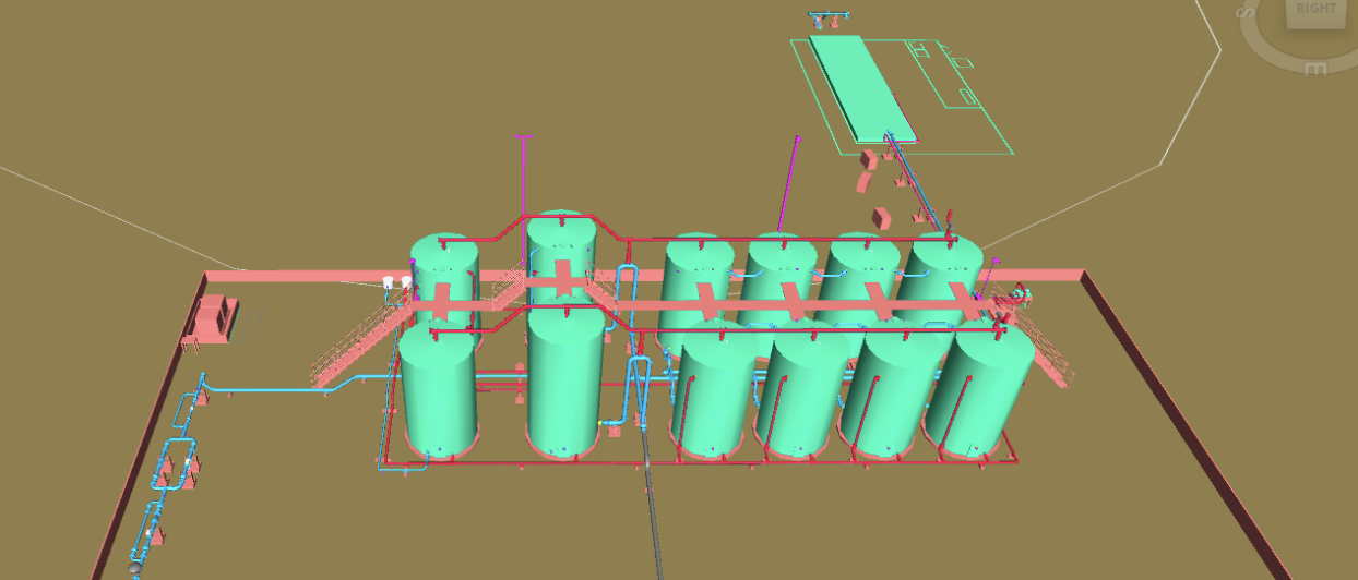 3D engineering model of a high-capacity 10,000–20,000 BBLPD saltwater disposal (SWD) facility featuring multiple storage tanks, piping networks, and process equipment, showcasing Halker’s expertise in produced water infrastructure design, system optimization, and large-scale midstream project engineering.