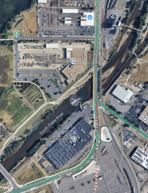 Aerial map view of the South Platte River corridor showing adjacent roadways, industrial facilities, and park space, supporting Halker’s CABI monitoring services for environmental assessment, infrastructure oversight, and regulatory compliance.