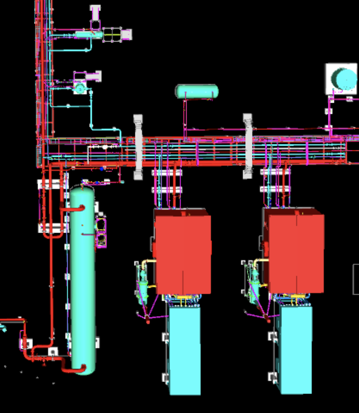 3D model of a greenfield compressor station featuring dual compressor units, process piping, and structural supports, highlighting Halker’s engineering and design expertise in midstream infrastructure, equipment layout optimization, and new-build natural gas compression facilities.