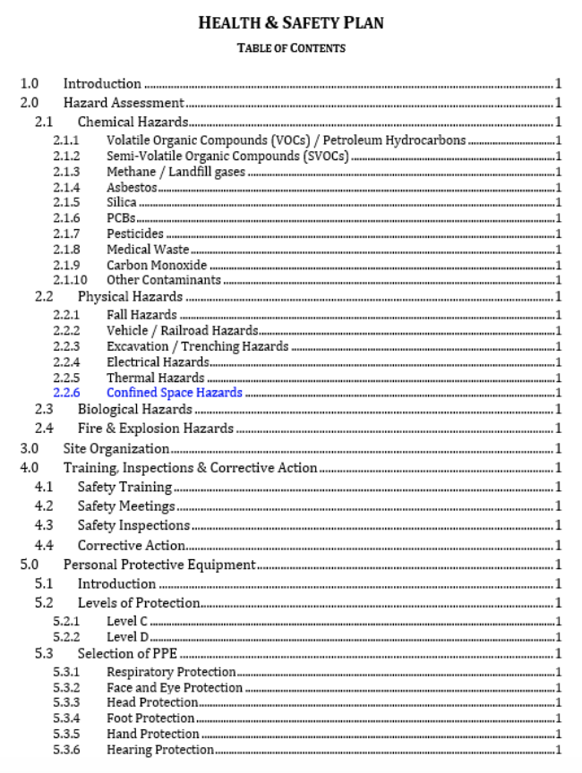 Close-up view of a Health and Safety Plan (HASP) table of contents outlining chemical, physical, biological, and fire hazards, along with safety training, inspections, and PPE requirements, demonstrating Halker’s comprehensive approach to workplace safety documentation and regulatory compliance.