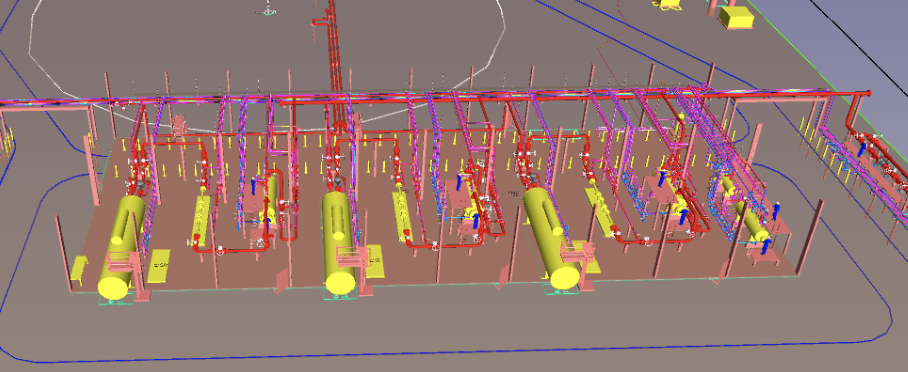 3D process model of a helium plant showing multicolored piping, pressure vessels, and equipment layouts, illustrating Halker’s expertise in process simulation, facility optimization, and engineering design for helium recovery and midstream gas processing.