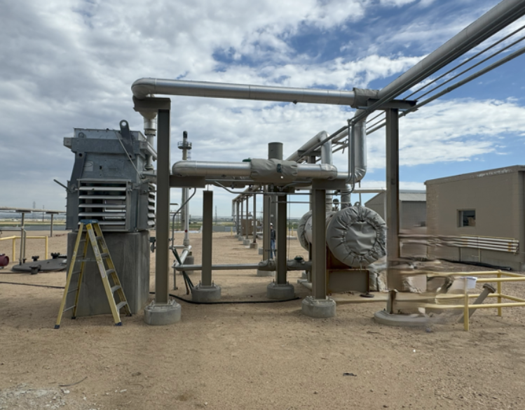 Midstream natural gas processing equipment with insulated piping, filter vessels, and structural supports in an outdoor facility, showcasing Halker’s operational efficiency upgrades focused on optimizing throughput, reducing bottlenecks, and improving reliability in midstream plant operations.