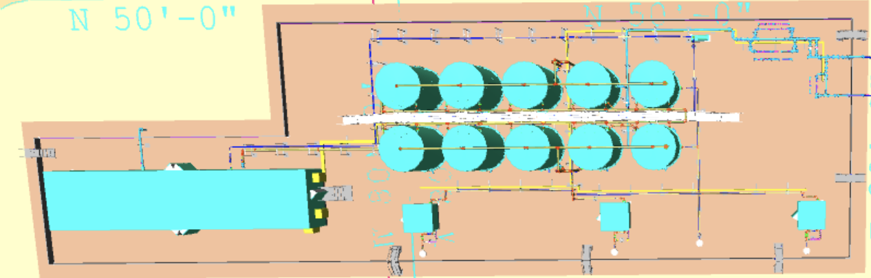 3D engineering model of a Salt Water Disposal (SWD) facility showing aligned storage tanks, piping networks, and equipment skids, highlighting Halker’s expertise in SWD system design, facility optimization, and produced-water management engineering.
