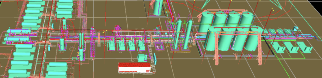 3D engineering model of an oil and gas processing facility with tanks, vertical process vessels, pump skids, and multicolored piping, illustrating Halker’s comprehensive upstream facility design, equipment layout optimization, and multidisciplinary engineering capabilities.