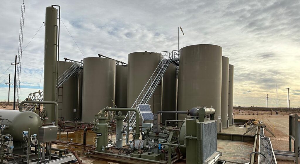 Produced water and crude oil storage tank battery with associated processing equipment, VRT, separators, VRU, and piping, showcasing Halker’s expertise in upstream facility engineering, production optimization, and safe, reliable infrastructure design.
