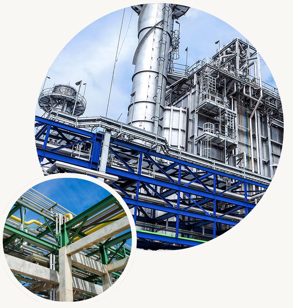 Big Circle-Industrial processing facility with tall distillation towers, structural steel platforms, and interconnected piping, showcasing Halker’s expertise in process engineering, structural engineering,plant design, and complex energy infrastructure solutions. Small Circle-Structural steel pipe rack with multicolored process piping supported by concrete columns, highlighting Halker’s civil and structural engineering expertise in industrial facility design and load-bearing infrastructure