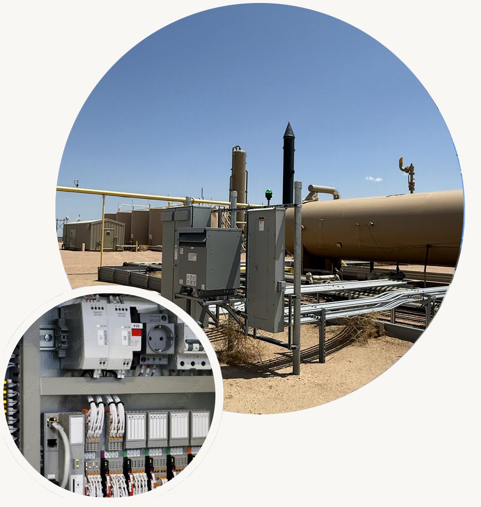 Big Circle-High-voltage transformer with bushings, insulators, and surrounding transmission structures, representing Halker's expertise in power system engineering, grid interconnections, and reliable electrical infrastructure design. Small circle-Industrial electrical control panel with relays, wiring, and automation modules, representing Halker’s expertise in electrical engineering, instrumentation design, and advanced control system integration