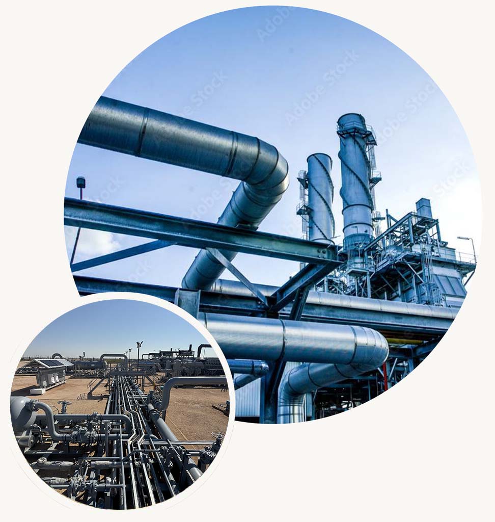 Big Circle-Industrial exhaust stacks and overhead process piping at a modern energy facility, representing Halker's expertise in mechanical design, system integration, and reliable engineering solutions for complex Oil & Gas and industrial infrastructure.Small Circle-Midstream pipeline corridor with interconnected process piping, valves, and above-ground infrastructure at a natural gas facility, highlighting Halker's expertise in pipeline engineering, facilities design, and safe, efficient oil and gas operations.