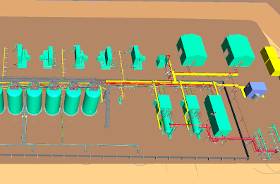 3D model of a Bakken Basin central tank battery (CTB) facility layout featuring tanks, piping networks, and process equipment, showcasing Halker’s expertise in upstream facility engineering, multidisciplinary design, and programmatic development for high-efficiency oil and gas production sites.