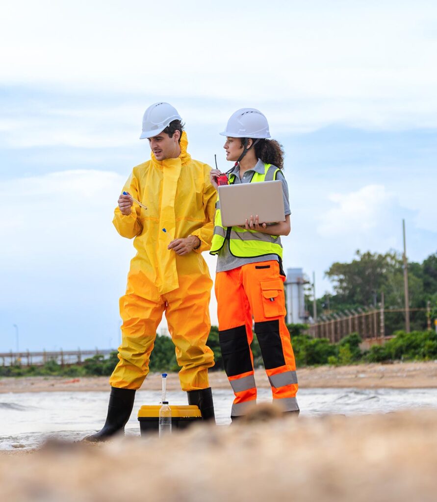 Environmental field technicians conducting shoreline sampling to support regulatory compliance, contamination assessment, and data-driven mitigation planning.