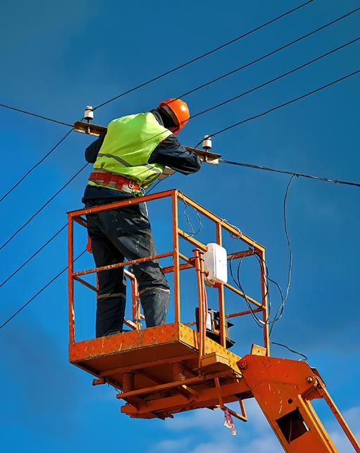 Utility worker in a lift performing overhead power line maintenance, highlighting Halker’s commitment to safe electrical engineering practices, grid reliability, and high-voltage infrastructure support.