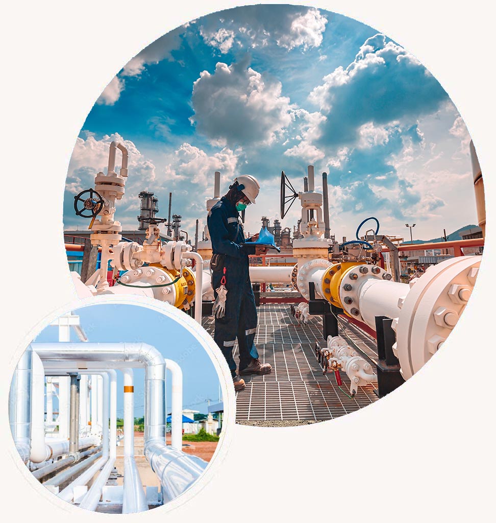 Big Circle- Natural gas compressor station with large industrial compressors, pressure vessels, piping, and control systems in a Permian Basin facility, illustrating Halker's mechanical engineering expertise in equipment design, reliability, and midstream infrastructure.Small Circle-Pipeline corridor with insulated above-ground process piping and structural supports at an oil and gas facility, showcasing Halker's expertise in process engineering, piping design, and efficient fluid transport systems.