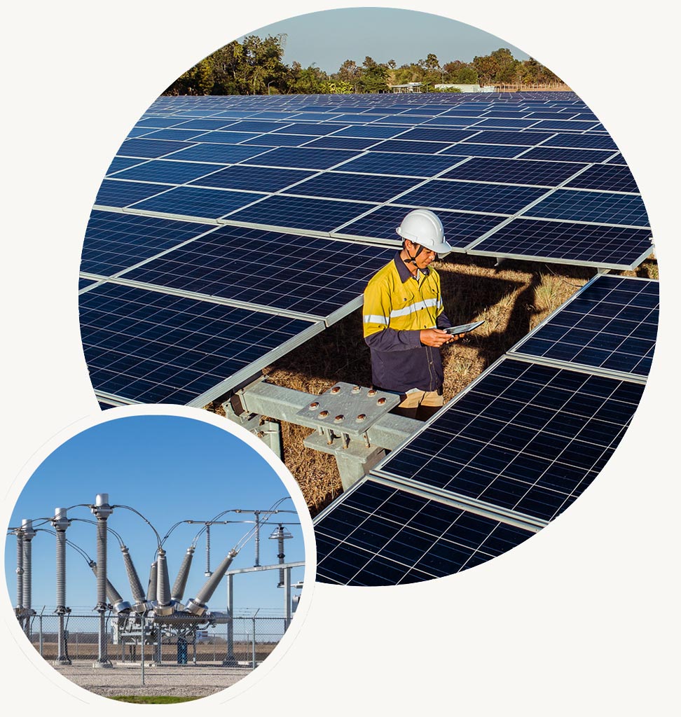 Big Circle-Engineer inspecting photovoltaic solar panels at a large solar farm, highlighting Halker’s expertise in renewable energy engineering, solar power systems, and grid-resilient clean energy solutions. Small Circle-High-voltage substation breaker with insulators and conductor assemblies, showcasing Halker’s expertise in power system engineering, grid reliability, and robust electrical infrastructure design.