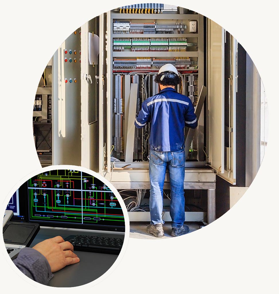 Big Circle-Technician servicing an open industrial control panel with wiring and automation components, showcasing Halker’s expertise in SCADA integration, electrical troubleshooting, and reliable industrial control system design.Small Circle-Engineer operating a SCADA workstation displaying a detailed process control schematic, highlighting Halker’s expertise in automation systems, real-time monitoring, and industrial control optimization.